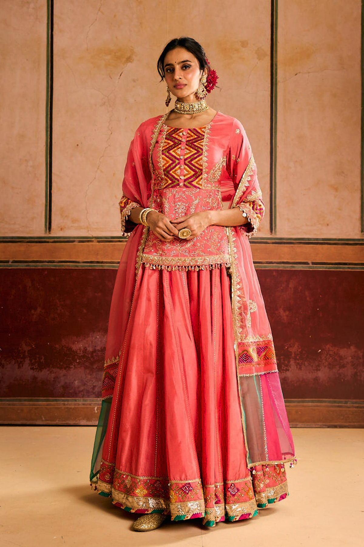 Peach Phulkari Lehenga