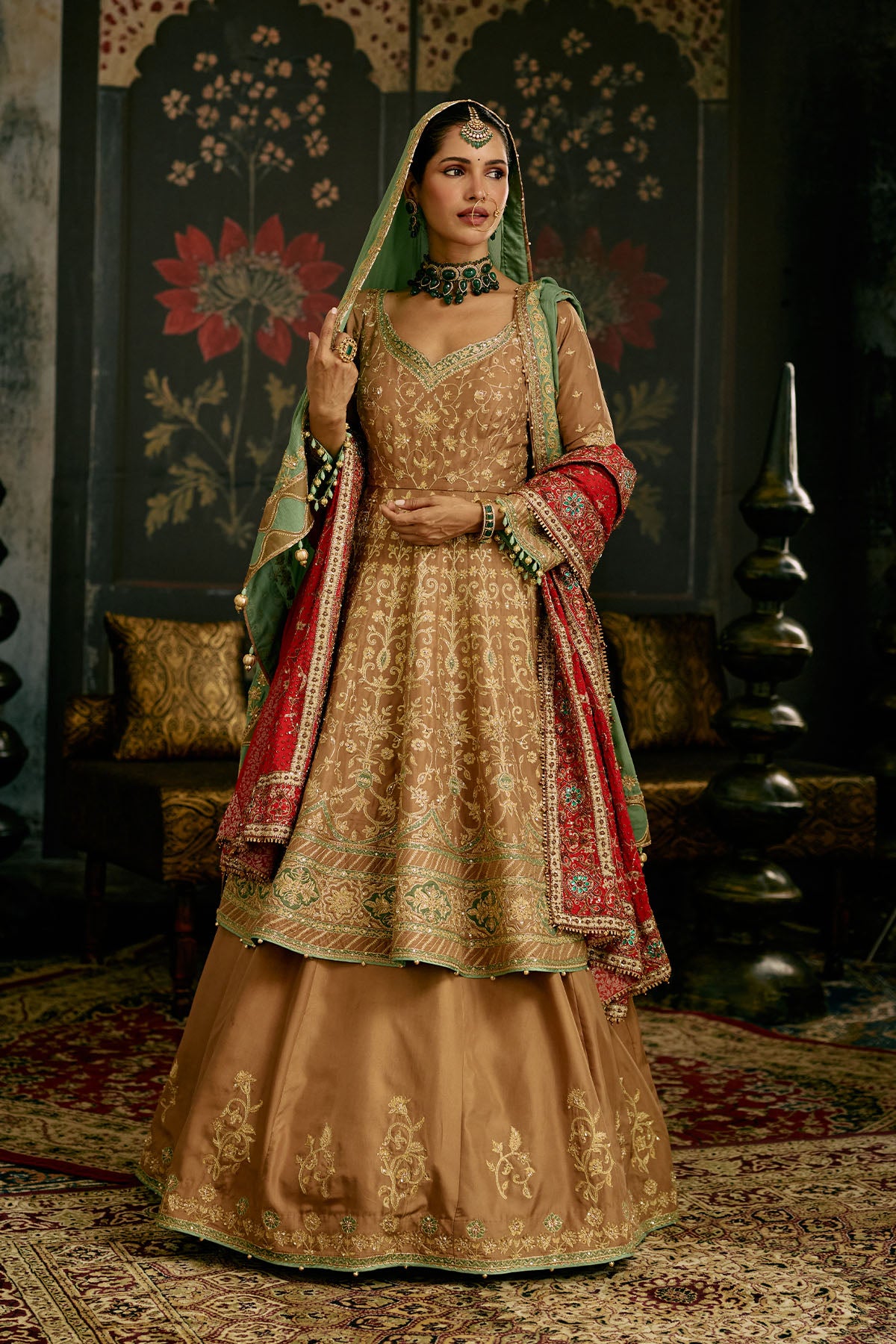 Brown Green Anarkali Lehenga