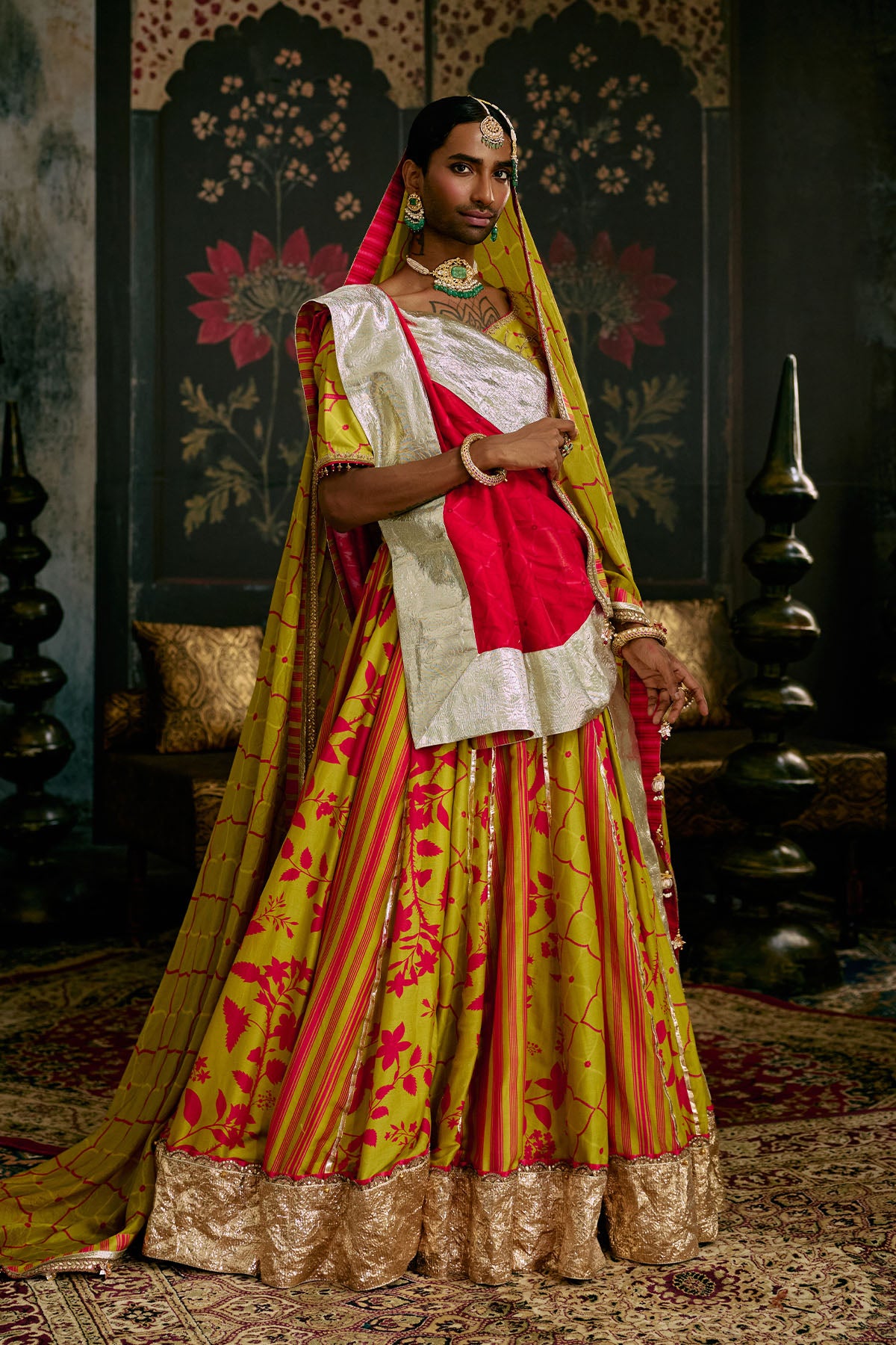 Lime Green Red Printed Lehenga