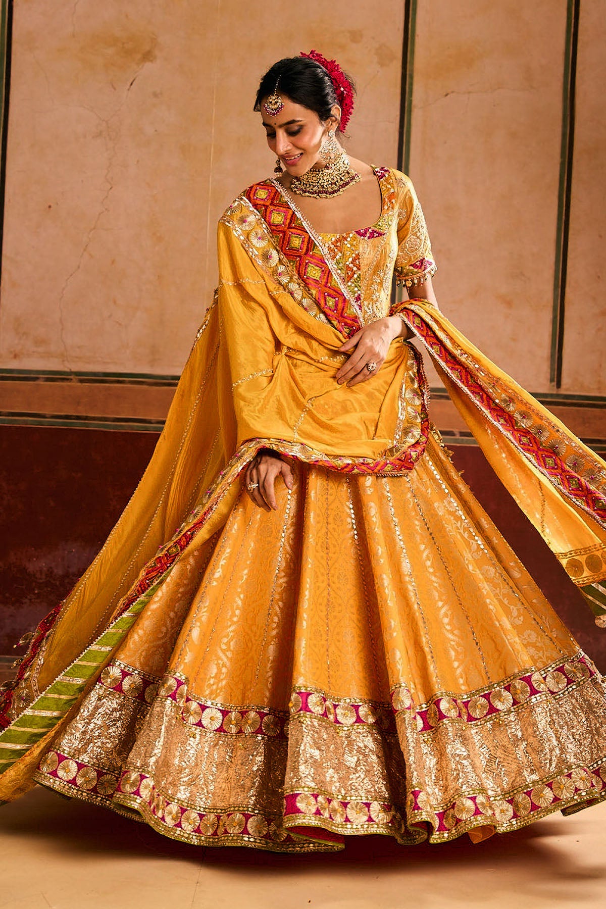 Yellow Mustard Phulkari Lehenga