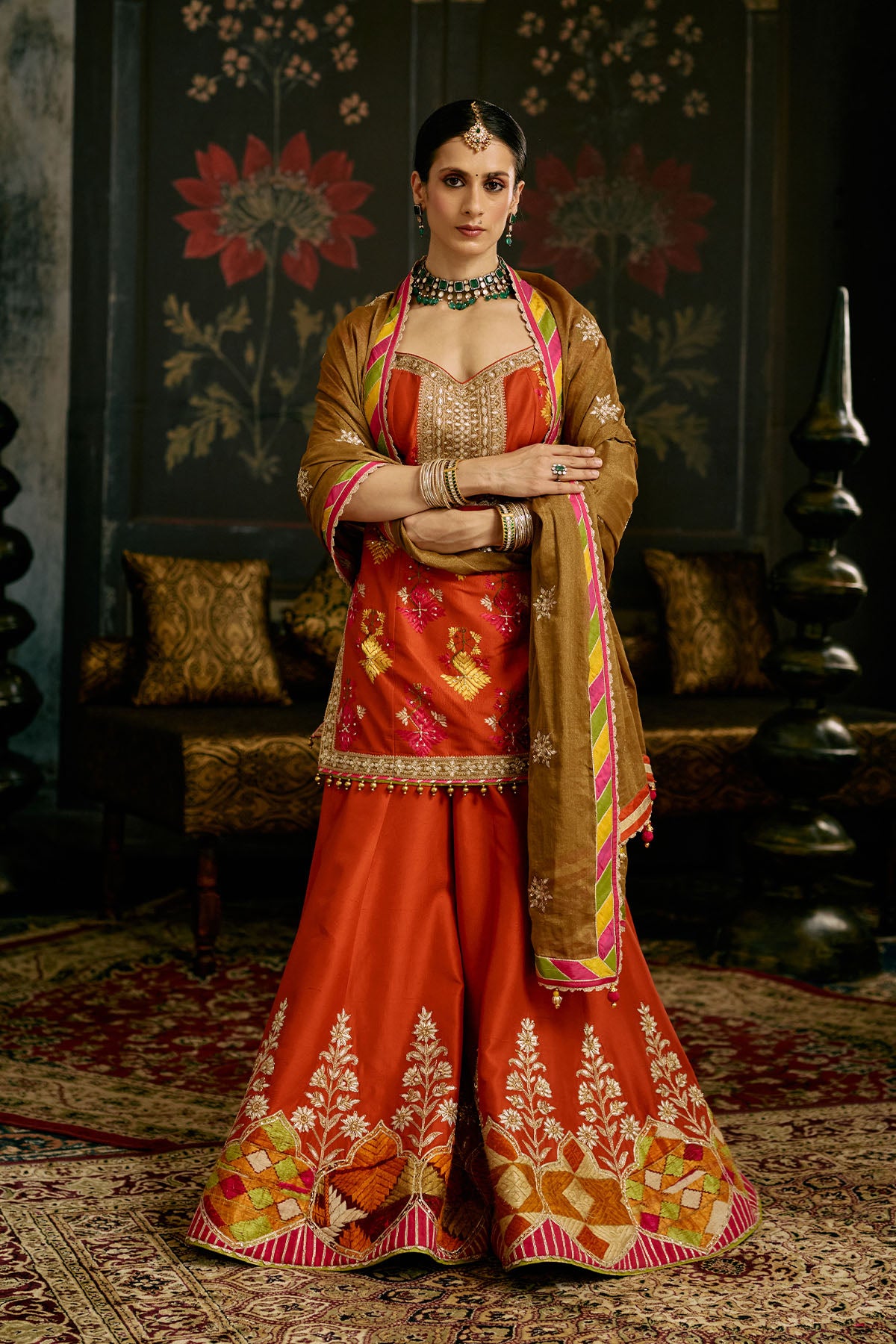 Rust Phulkari Sharara