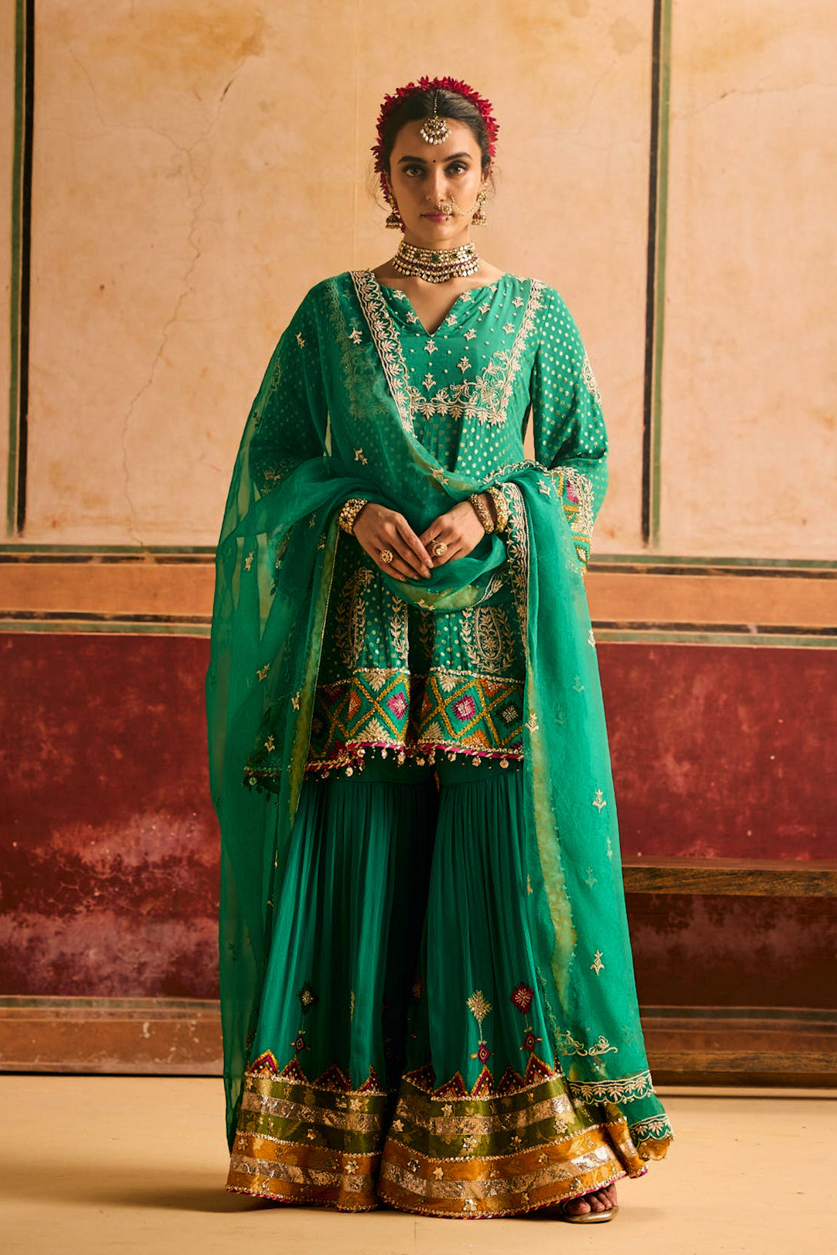 Green Phulkari Garara