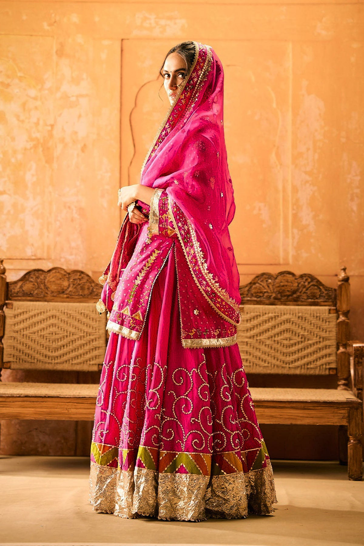 Magenta Phulkari Lehenga
