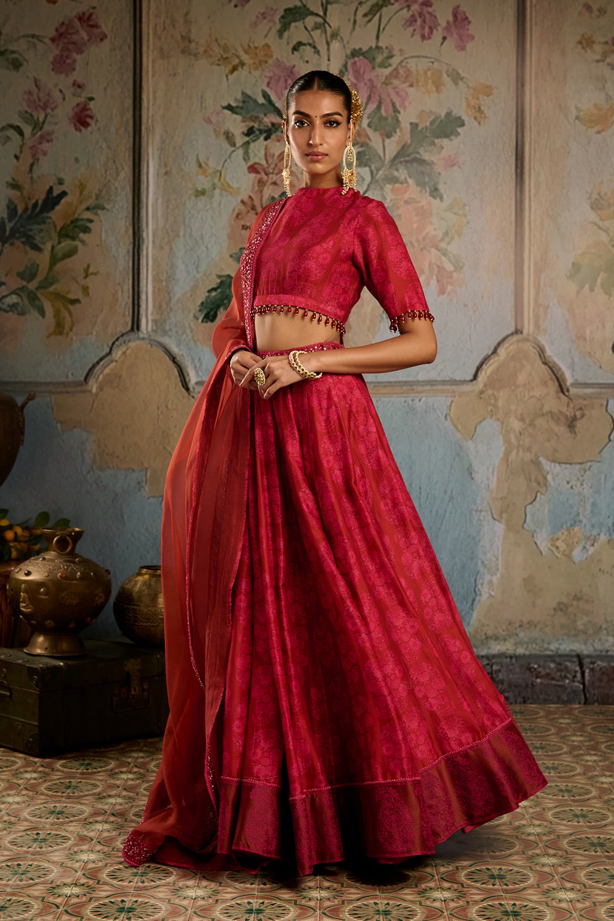 Red Rust Printed Lehenga