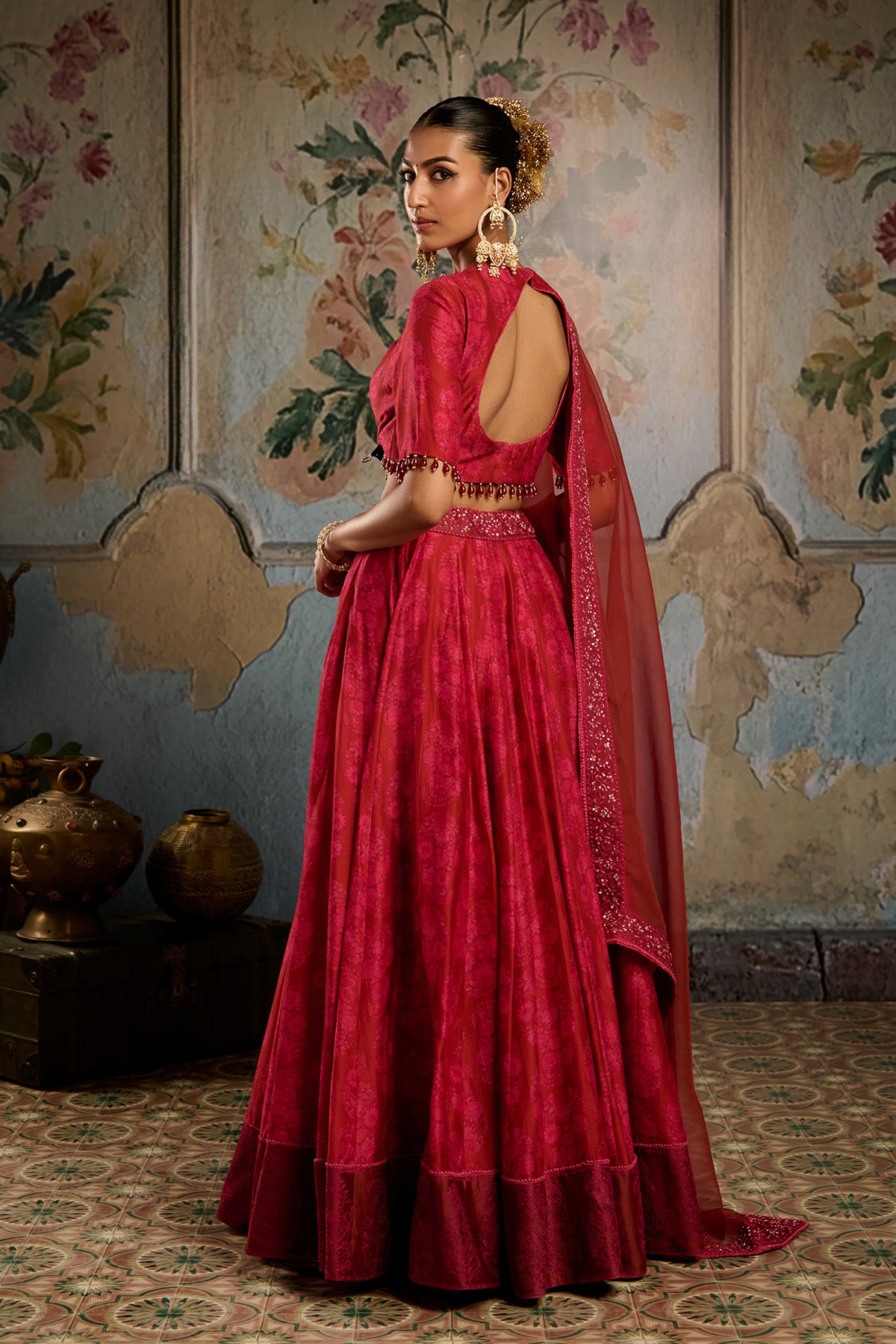 Red Rust Printed Lehenga